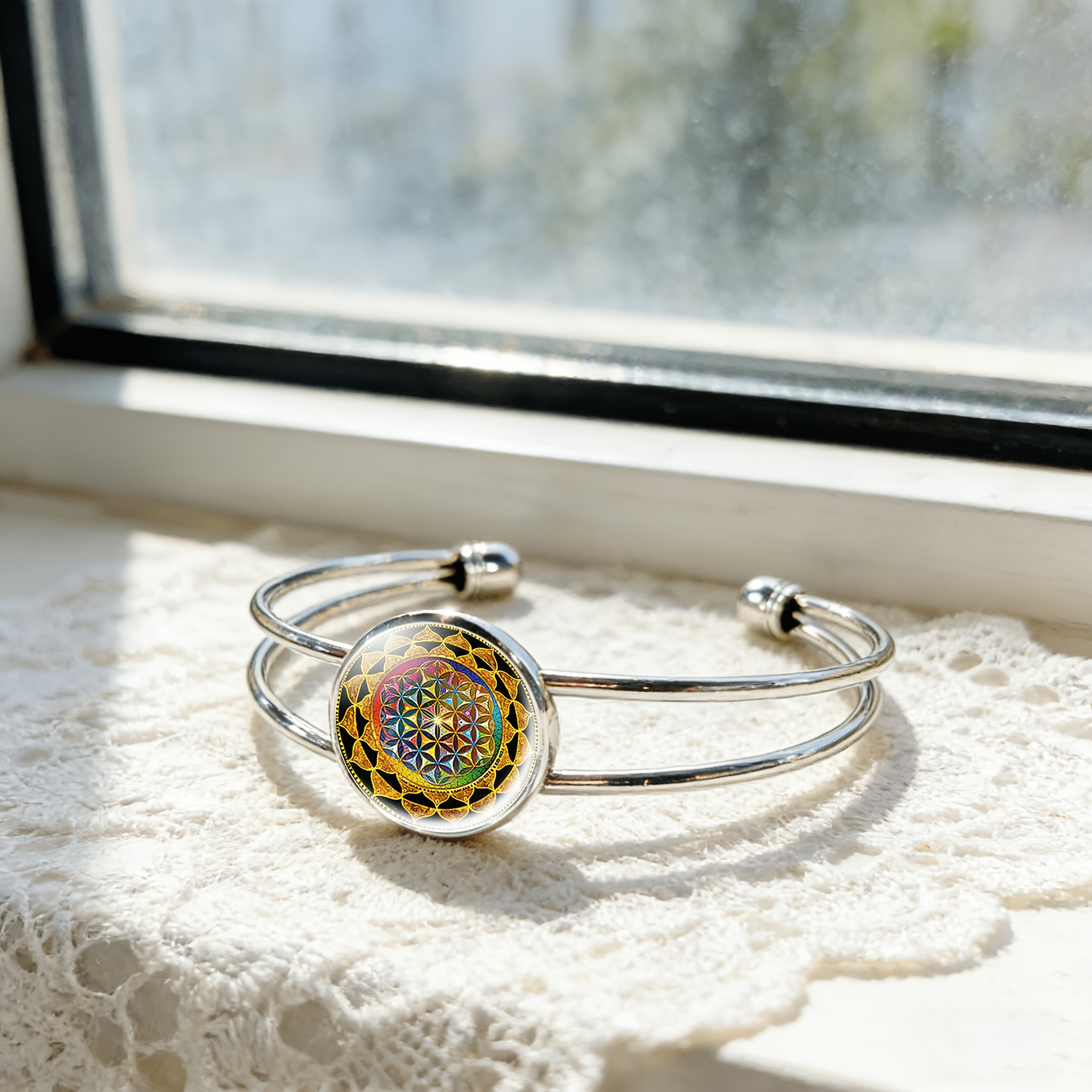 Adjustable Open Bangle with Colorful Gemstone Inlaid Design